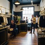 The interior of a stylish small retail business with black walls, gold fixtures, and several individuals browsing and working. A black and gold themed boutique or shop with customers and staff inside. individuals inside a modern small business featuring a black and gold color scheme.