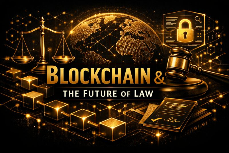 Black and gold blockchain illustration representing the future of law, legal security, and digital contracts.